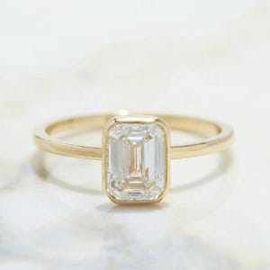 14K Solid Gold Engagement Ring, Emerald Cut Moissanite Wedding Ring, Awesome Full Bezel Set Ring, Handmade Jewellery, Fancy Anniversary Gift