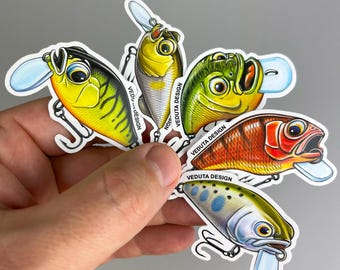 Funny Crankbait Fishing Stickers: Hand-Drawn Lure Decals