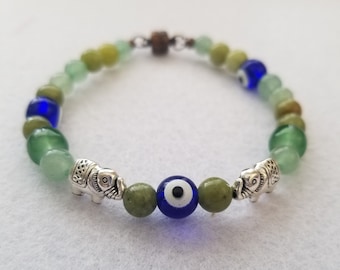 Blue Eyed or Evil Eye! Luck & Protection beaded bracelet! With lucky Elephants, Green Jade, Green Aventurine Healing stones!!