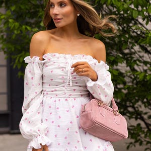 White Muslin Mini Dress with Pink Hearts – Off Shoulder Cotton Dress – Romantic Cottagecore Summer Outfit – Includes Underskirt
