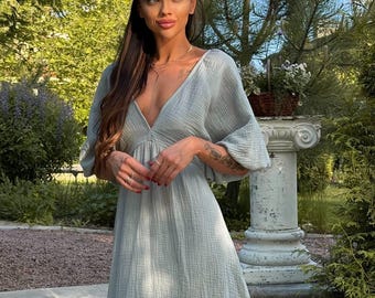 Olive Green Muslin Maxi Dress, Boho Summer Dress, Loose Fit V-Neck Dress, Lightweight Kaftan, Flowy Resort Wear, Elegant Casual Outfit