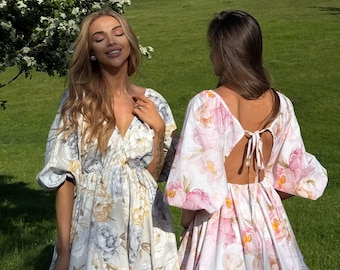 Floral Cotton Mini Dress – Puff Sleeve Boho Summer Dress, V Neck Babydoll Dress, Romantic Cottagecore Dress for Beach or Picnic Days