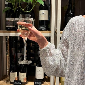 May include: A glass of white wine with a clear stem and a round bowl. The wine is a pale yellow color. The glass is being held by a person's hand. The glass is in front of a shelf with bottles of wine. The bottles are labeled with prices in euros. The prices are 1900.00, 950.00, and 4950.00.