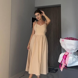 Linen Backless Midi Dress, Summer Sundress for Women, Sleeveless Open Back Dress, A-Line Linen Dress, Vacation Linen Dress