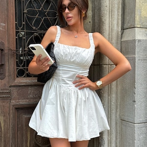 White Cotton Mini Dress - Summer Poplin Dress - Ruched Bust Dress - Casual White Dress - Sleeveless Mini - Light Party Outfit for Women