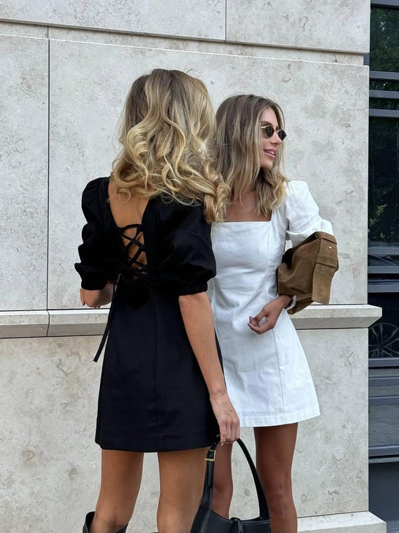 Wear Small Black Dress Purse Black Puff Sleeve Cotton Mini Dress