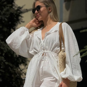 White Linen Two Piece Set for Women - Ruffle Collar Top and Shorts - Summer Lightweight Co-ord - Cottagecore Outfit - Vacation Linen Suit