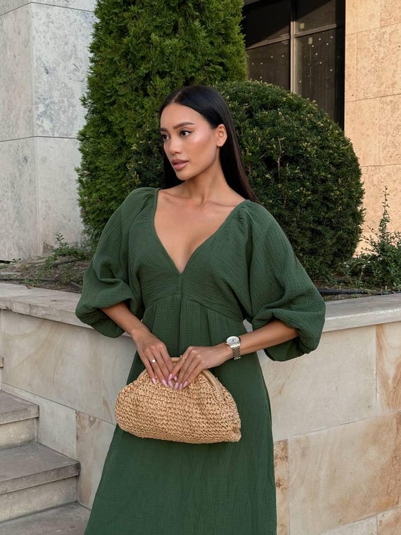 slim fit dress slacks Plus Size A Line Flowy Dresses Long Sleeve V Neck丨Moon Wood main image 1