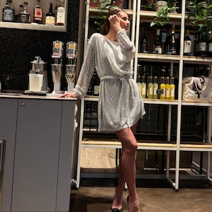 May include: A woman wearing a silver sequined dress with a belt and black heels. She is standing in front of a shelf with bottles of wine and liquor.