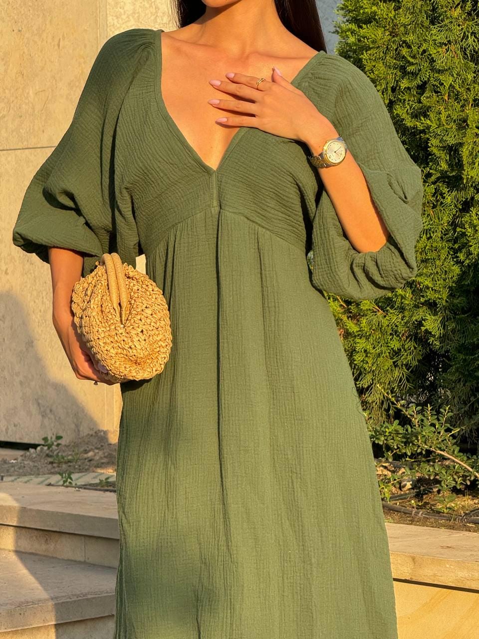 Olive Green Muslin Maxi Dress, Boho Summer Dress, Loose Fit V-Neck Dress, Lightweight Kaftan, Flowy Resort Wear, Elegant Casual Outfit