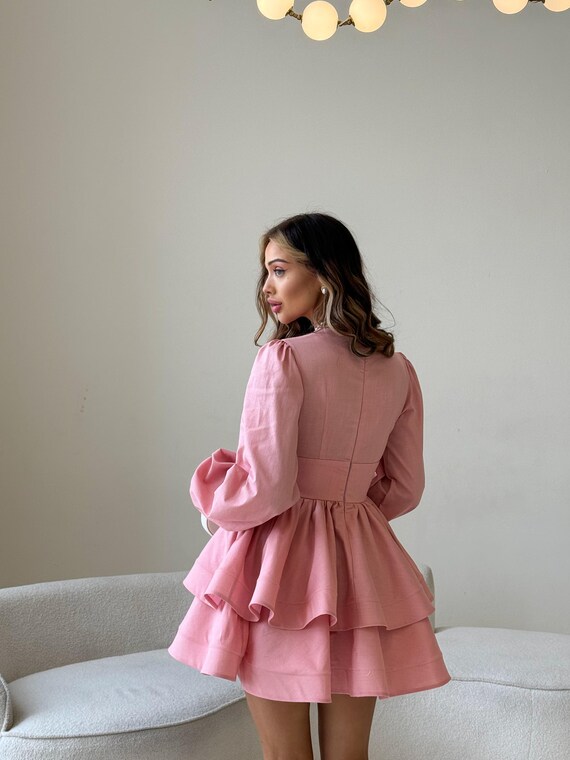 Pink Linen Dress, Ruffle Mini Dress, Long Sleeve Boho Dress, Deep V-Neck Elegant Dress, Tiered Skirt, Fairytale-Inspired Outfit
