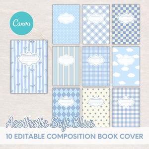Pode incluir: Dez capas editáveis para cadernos com padrões em azul suave, incluindo bolinhas, xadrez, riscas com laços, nuvens, estrelas e losangos. Cada capa retangular inclui uma etiqueta branca central com o texto Composition Book.