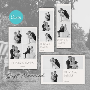 Op de afbeelding: Een collectie zwart-wit trouwfotostrook-sjablonen met diverse poses van een koppel. Elke lay-out bevat de tekst OLIVIA & JAMES en 6 JUNE 2026. De ontwerpen worden gepresenteerd in verticale en horizontale formaten op een lichte achtergrond.
