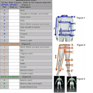 May include: A detailed measurement chart for clothing sizes, including upper body, lower body, and height. Diagrams illustrate measurement points like neck, chest, waist, and inseam. The chart is designed to assist customers in accurately determining their clothing size for jackets and trousers.