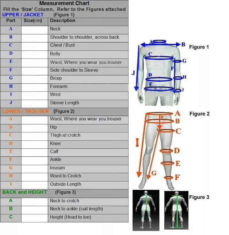 May include: A detailed measurement chart for clothing sizes, including upper body, lower body, and height. Diagrams illustrate measurement points like neck, chest, waist, and inseam. The chart is designed to assist customers in accurately determining their clothing size for jackets and trousers.