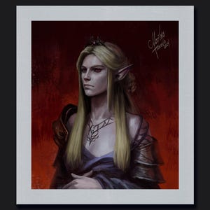 May include: A portrait of an elf with long blonde hair wearing a crown, a necklace, and a blue dress. The background is a dark red.