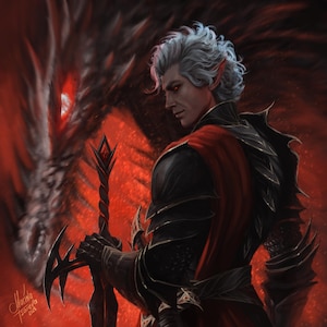 Arte conceptual de la armadura y la espada de Astarion Ascendido (vista posterior)