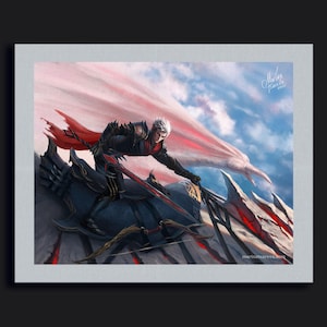 Op de afbeelding: Digitale kunstafdruk van een krijger in zwart harnas met een rode cape, die een zwaard vasthoudt. De krijger staat op een donkere, grillige structuur tegen een bewolkte lucht. Het kunstwerk is gesigneerd door de kunstenaar.