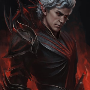 Könnte beinhalten: Ein Porträt eines Mannes mit weißen Haaren und roten Augen. Er trägt ein schwarzes und rotes Outfit mit einem scharfen, spitzen Kragen. Der Hintergrund ist dunkelrot.