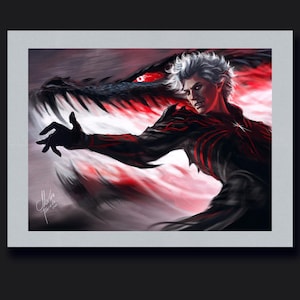May include: A digital art print featuring a character with white hair and a black outfit with red accents. A dragon-like creature with red eyes and black scales is in the background. The artwork has a fantasy theme and is set against a red and black backdrop.
