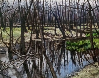 Original Realism Landscape Oil Painting of First Blades of Grass in Spring - 24x12in