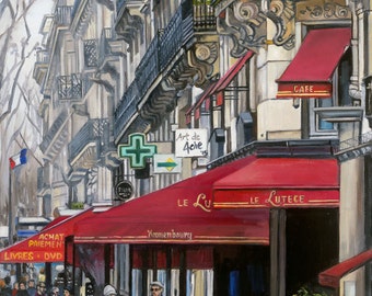 Red Paris Cafe Oil Painting - 14x18in Giclee Print