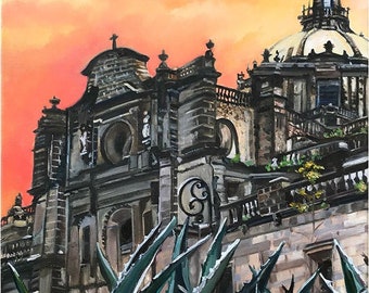 Original Painting of Mexico City Cathedral -18x14in