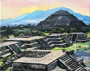 Original Painting of Mexico City Pyramid -18x14in