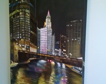 Original Night Cityscape Oil Painting of Chicago - 24x36in