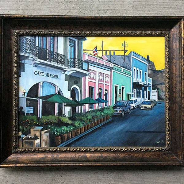 Old San Juan, Puerto Rico - 24x18in pittura a olio originale in vendita