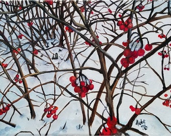 Winter Landscape Original Oil Painting of Snow and Berries - 12x9in