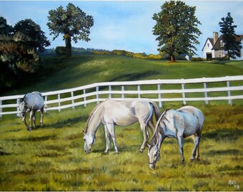 Grazing Horses Painting - 10x8in Mini Giclee Print