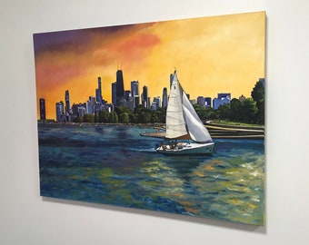 Original Chicago Skyline Large Painting - 48x36