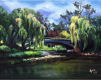 Plein Air Landscape with Bridge - 16x12in Original Oil Painting