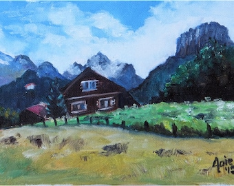 Swiss Chalet Landscape Painting - 8x6in Original Oil