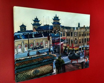 Chicago Chinatown origineel olieverfschilderij - 24 x 18 uitverkoop