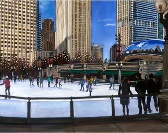 Chicago Millennium Park Oil Painting -18x12in Giclee Print