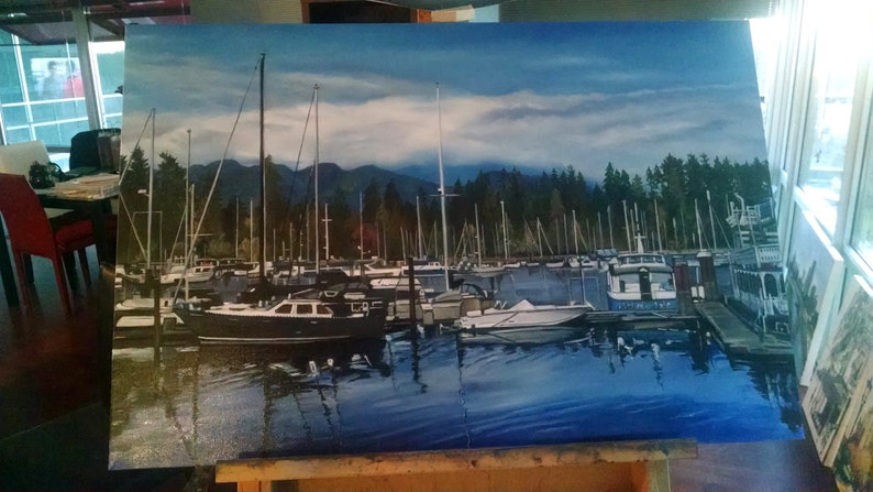 Vancouver Landscape 36x24in Original Blue Oil Boat Painting image 4