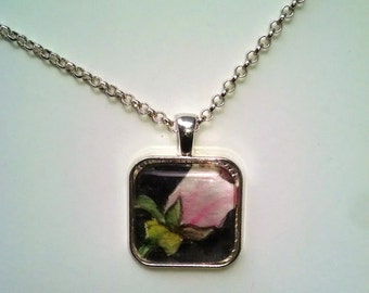 OOAK Watercolor Pendant - Pink Rose Necklace Gift for Her