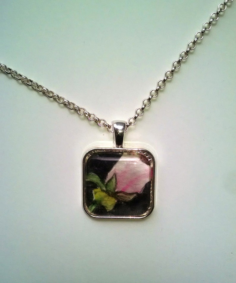 OOAK Watercolor Pendant Pink Rose Necklace Gift for Her image 1