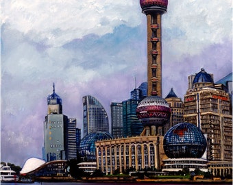 El Bund, pintura al óleo de Shanghai - Impresión Giclee de 12x15 pulgadas