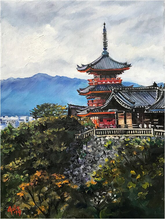 Japanese Painting of Kyoto Temple 12x16in Original Oil Etsy