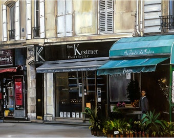 Trois Boutiques, Paris Cityscape Painting - 18x12in Giclee Print