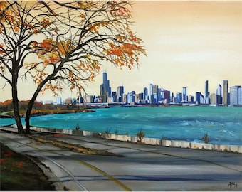 Lake Shore Drive Chicago Oil Painting - 15x12in Giclee Print