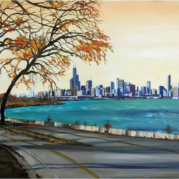 Lake Shore Drive Chicago pittura a olio - stampa giclée 15x12 pollici