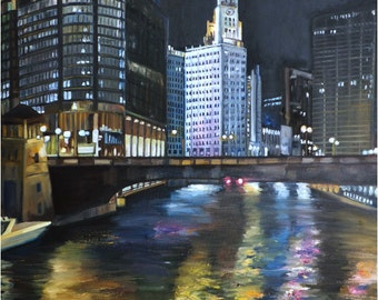 Chicago Night Oil Painting - 12x18in Giclee Print