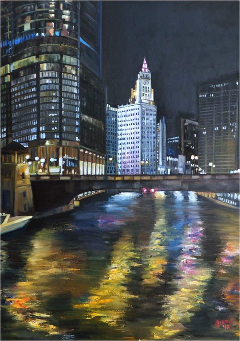 Chicago Night Oil Painting 12x18in Giclee Print Etsy