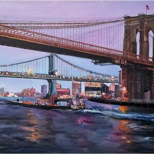May include: A painting of the Brooklyn Bridge in New York City at dusk. The bridge is lit up with lights and there is a tugboat in the water below. The sky is a soft purple color.