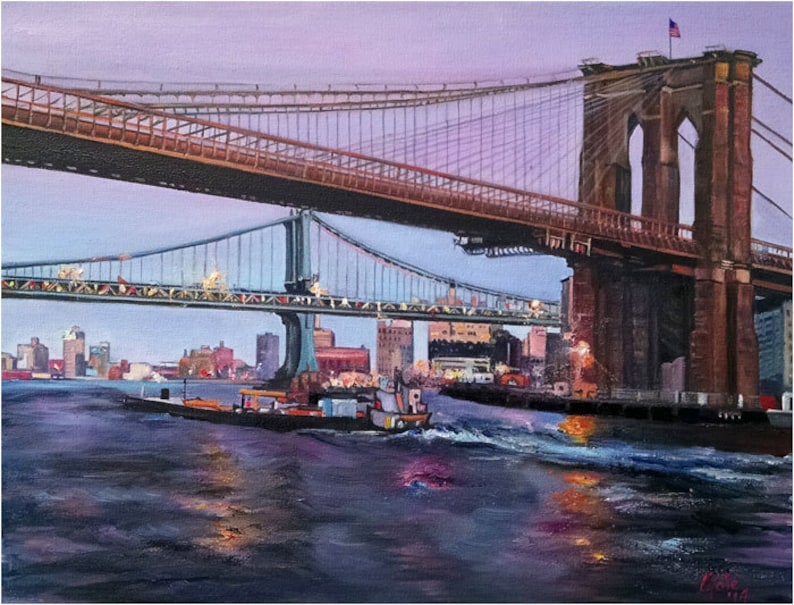 May include: A painting of the Brooklyn Bridge in New York City at dusk. The bridge is lit up with lights and there is a tugboat in the water below. The sky is a soft purple color.