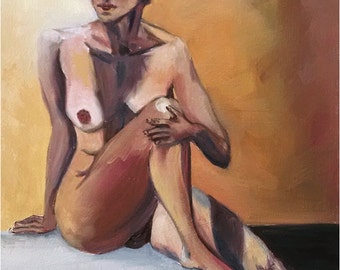 Sitting Woman Figure Painting - 11x14in Original Oil, Mature